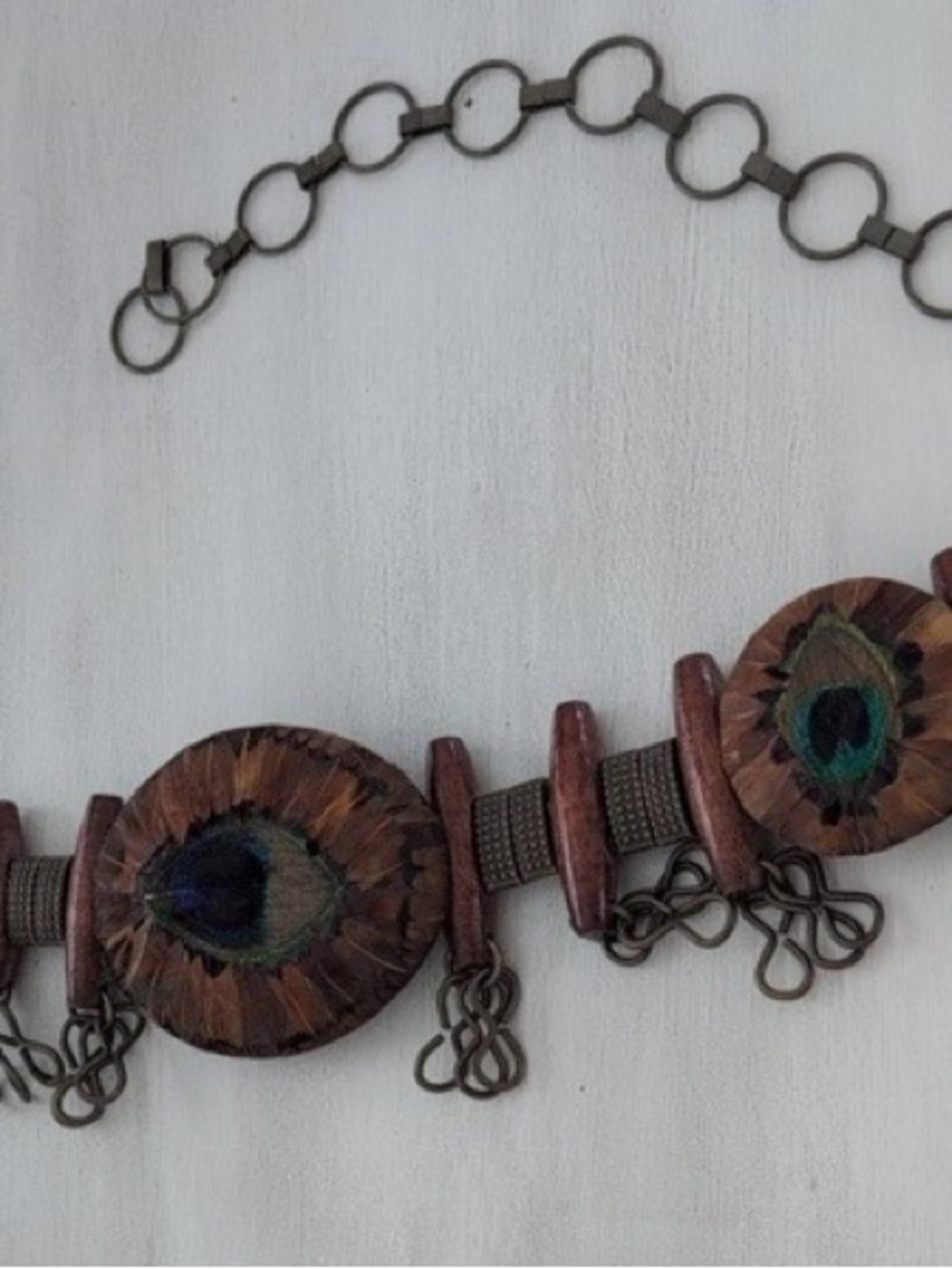 Vintage Lee Sands Bohemian Peacock Feather Wood Accent Belt - Teal & Brown - Picture 3 of 5